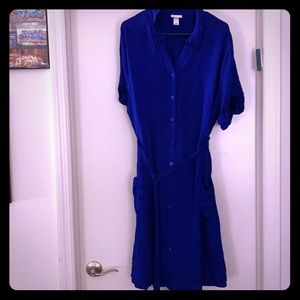 Blue pocketed button down dress